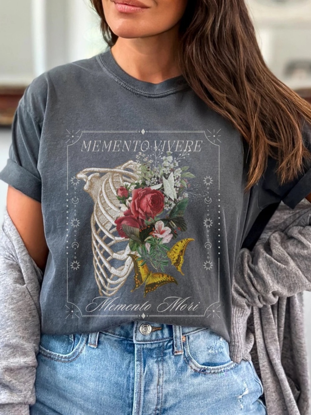 Comfort Colors Pepper 'Memento Vivere' Ribcage Floral Graphic Tee